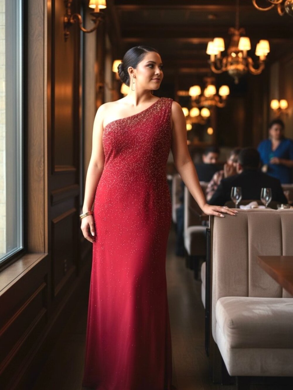Scala Red 100% Silk Beaded One Shoulder Maxi Evening Dress Plus 1X Formal